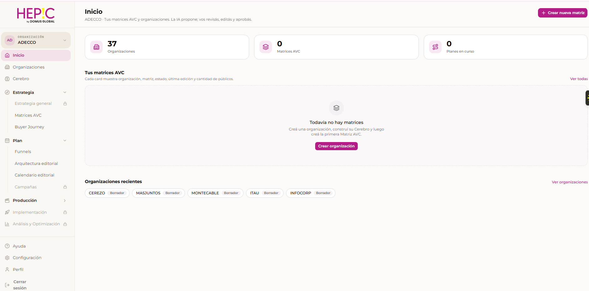 Dashboard de HEPIC IA mostrando organizaciones y matrices AVC
